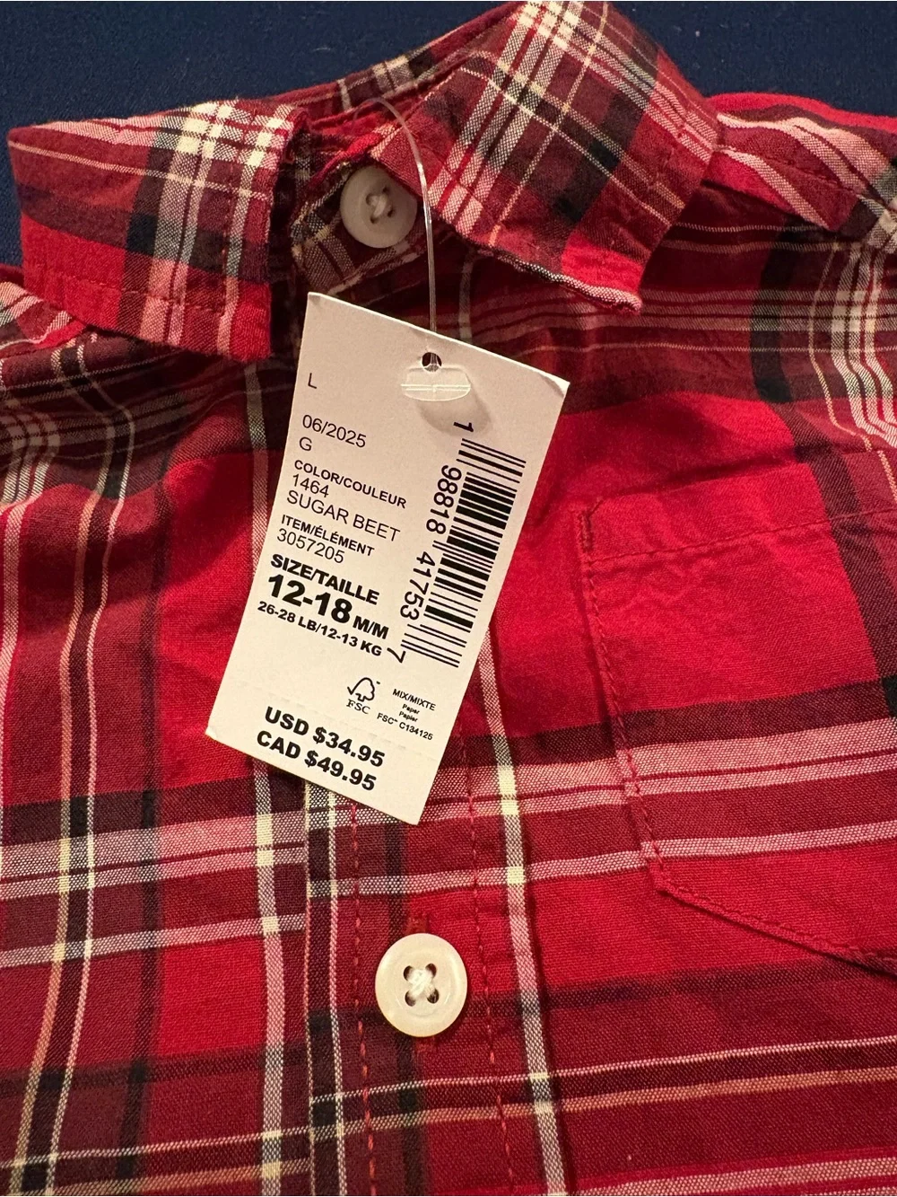 Red Plaid Button-Up Shirt toddler size 12-18m